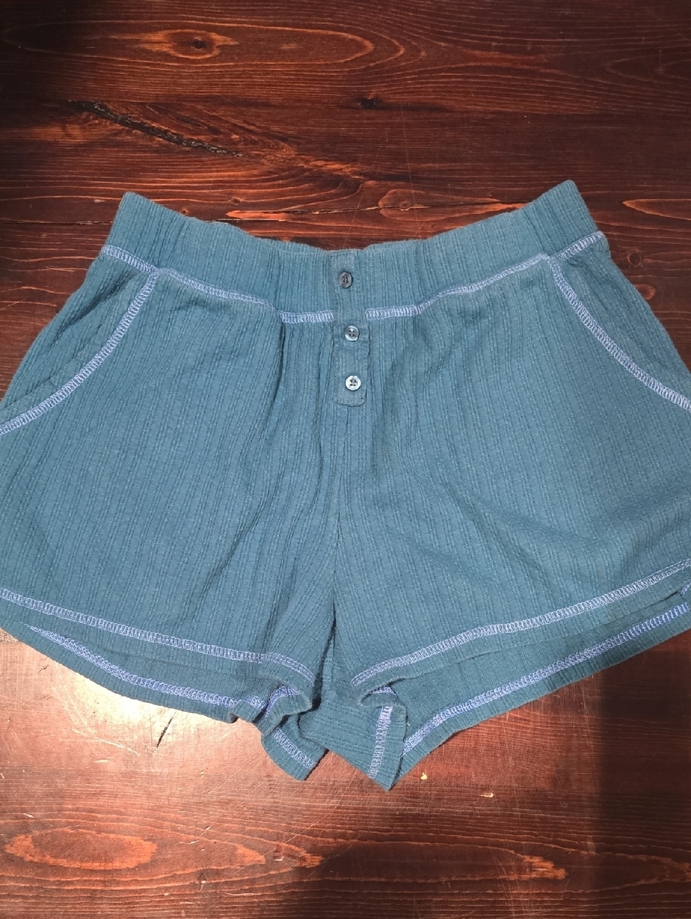 JoySpun Ribbed Henley Lounge Shorts - Teal Blue